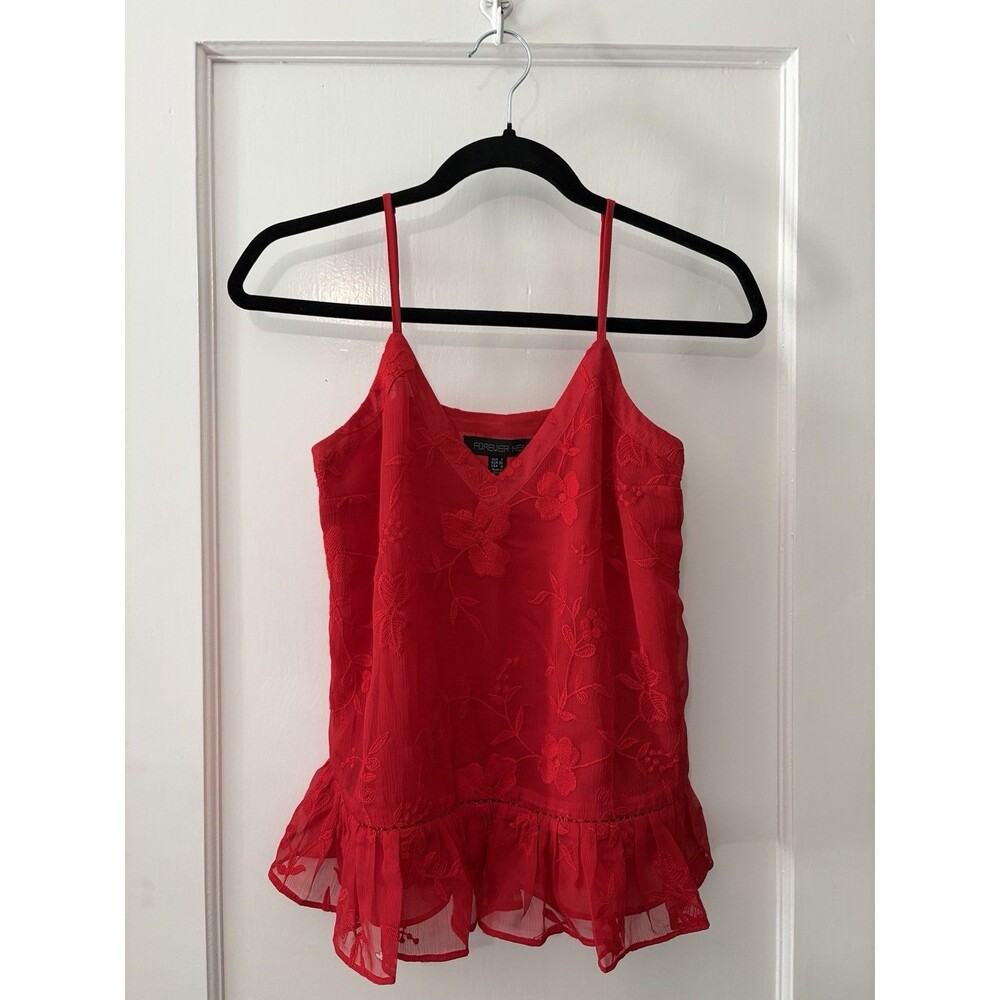 Forever New Red Floral Embroidered Camisole Peplum Sheer  Coquette Top XS 0